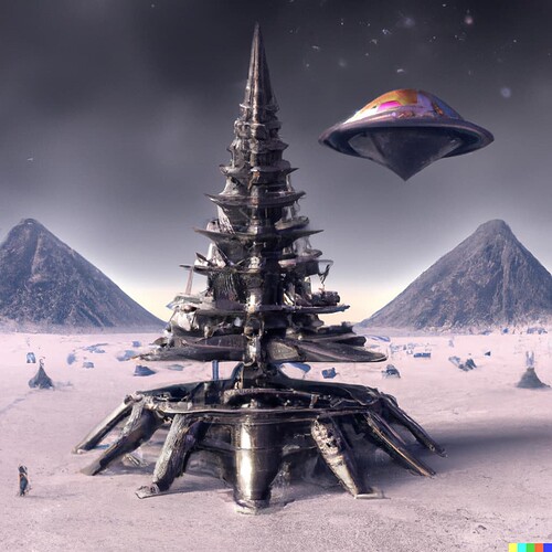 DALL·E 2022-12-24 09.44.10 - a giant Christmas tree-shaped spaceship landing in a Nordic landscape giger-style